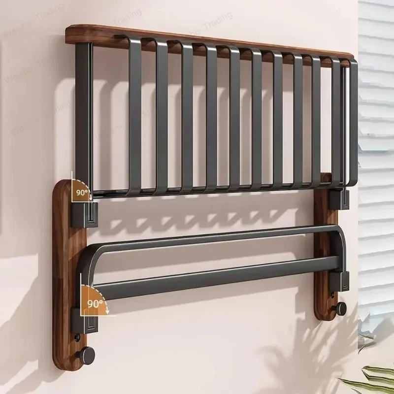 50/60cm Walnut Towel Rack Foldable Double-layer Solid Wood Bath Towel Rack with Hooks Hanger Storage Shelf Bathroom Accessories