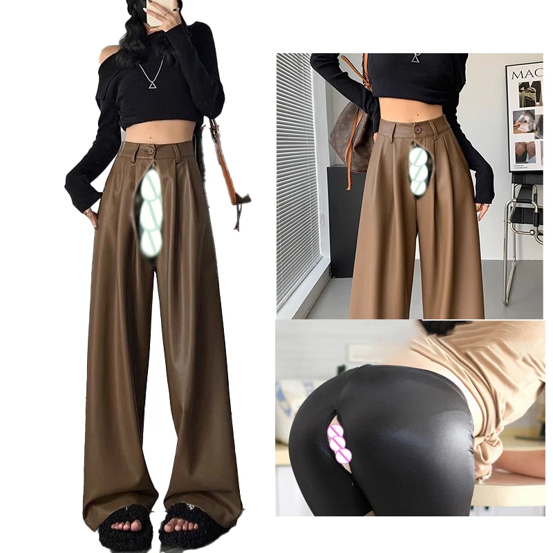 

Summer Open Crotch Outdoor Sexual Exotic Pants High Waisted Faux Leather Pants Casual PU Jeans Flared Wide Legs Trousers Black