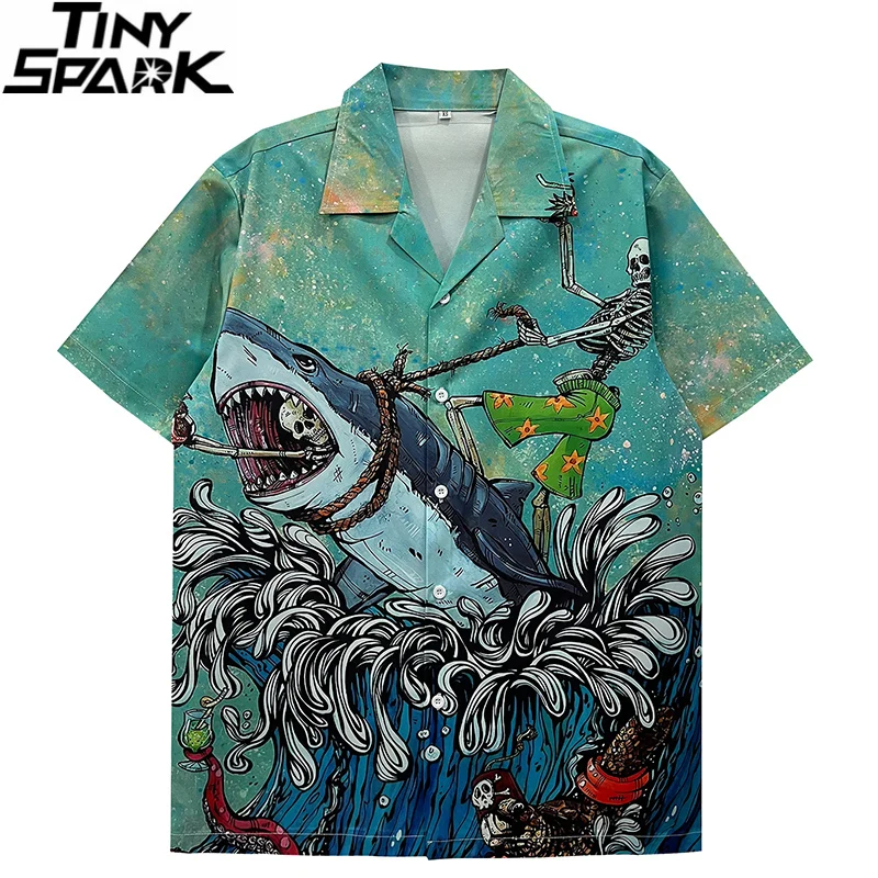 2025 Men Streetwear Beach Shirt Shark Graphic Hawaiian Shirt Hip