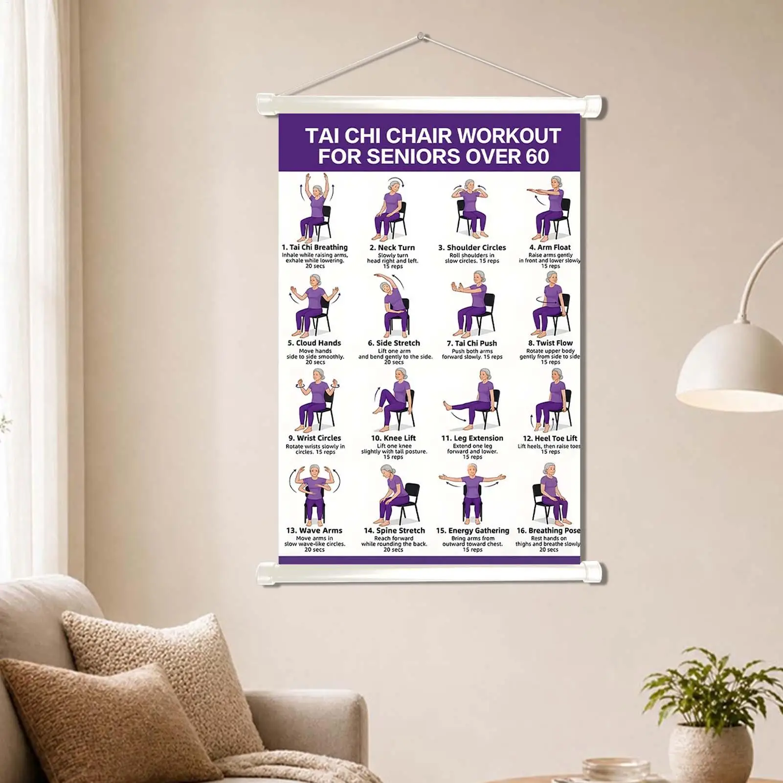 Tai Chi Chair Exercise Poster for Seniors Beginner Workout Guide Scroll Wall Art Rehabilitation Exercise Teaching Chart Hanging