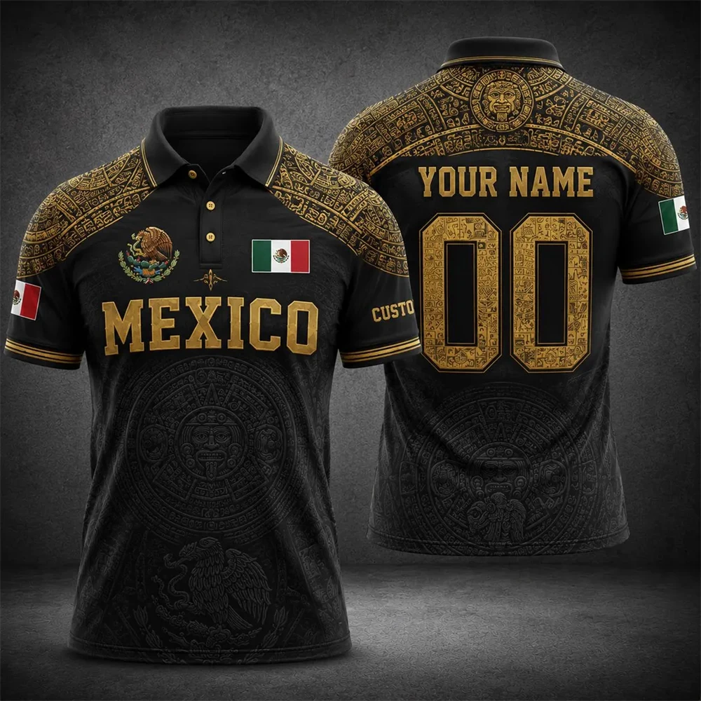 Personalized Mexico Flag Polo Shirt Custom Name Number Print Short Sleeve Tops For Football Fan Daily Holiday Casual Sports Tee
