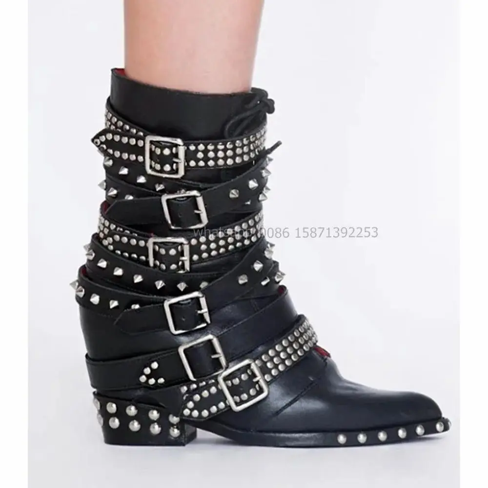 

Rivet Belt Buckle Ankle Boots Pointed Toe Square Heel Solid Zipper Punk Motorcycle Boots Large Size Heavy Work Shoes 2024 Autumn