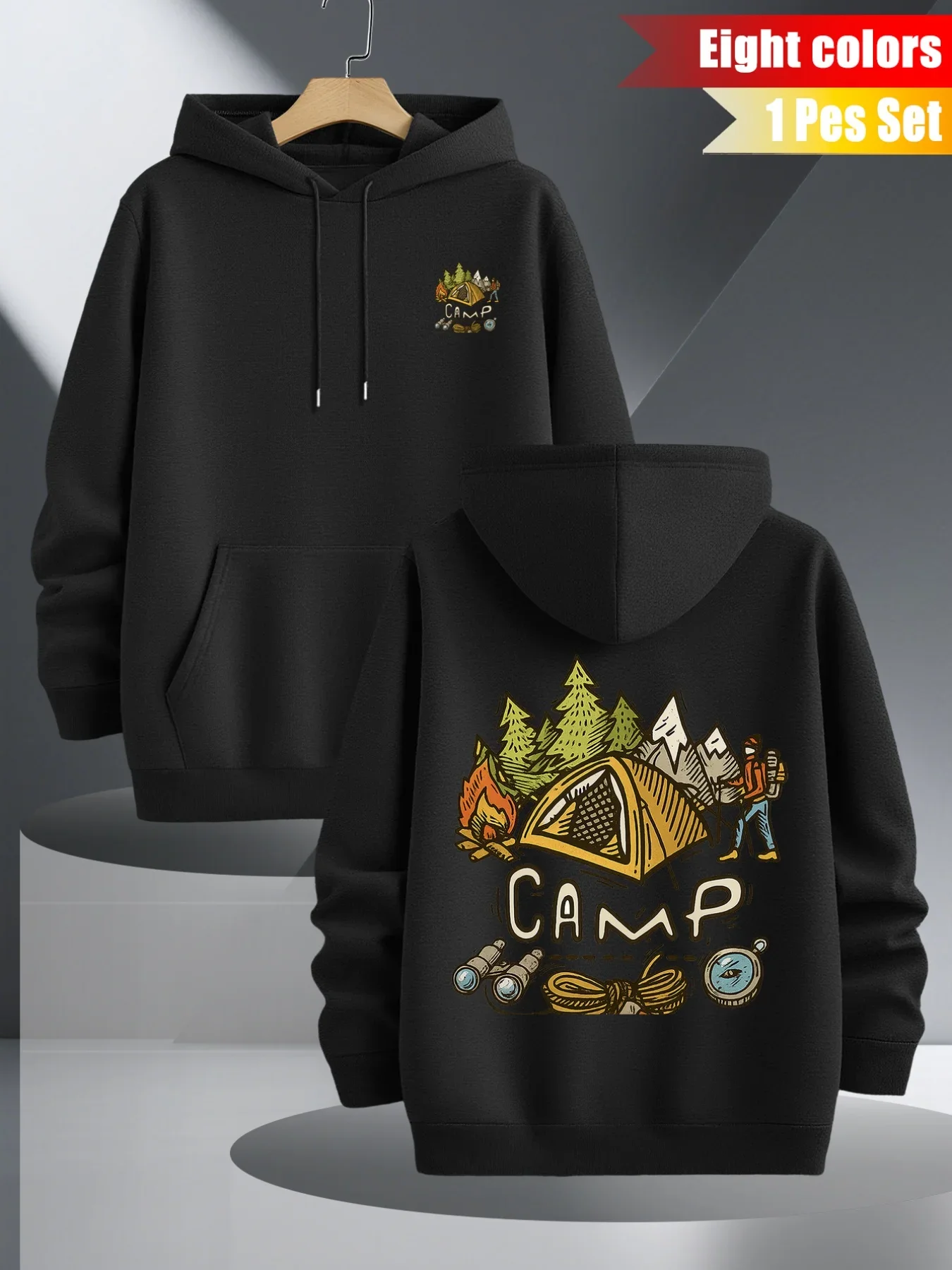 Men’s Camping Hoodie CAMP Graphic Tent Mountain Forest Outdoor Adventure Front Back Print Fleece Sweatshirt Streetwear Autumn