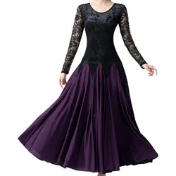 Women Paso Doble Ballroom Flamenco Waltz Latin Cha-Cha Rumba Dance Dress Long Sleeve Lace Patchwork Dress Performance Dancewear