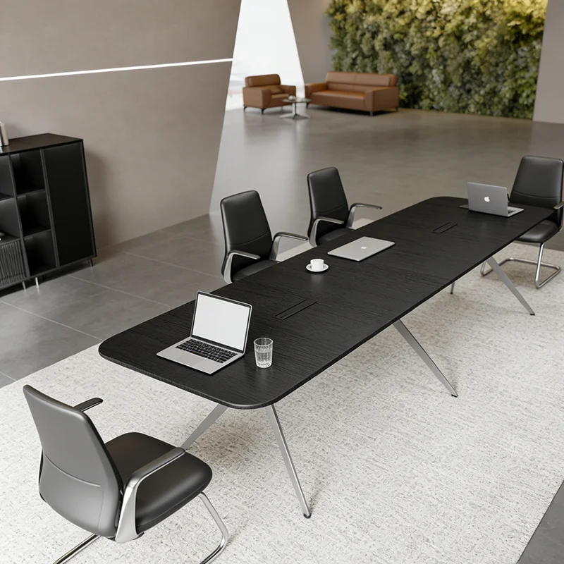 Factory Furniture Meeting Room Training Reception Light Luxury Wooden Desktop Black Conference Table
