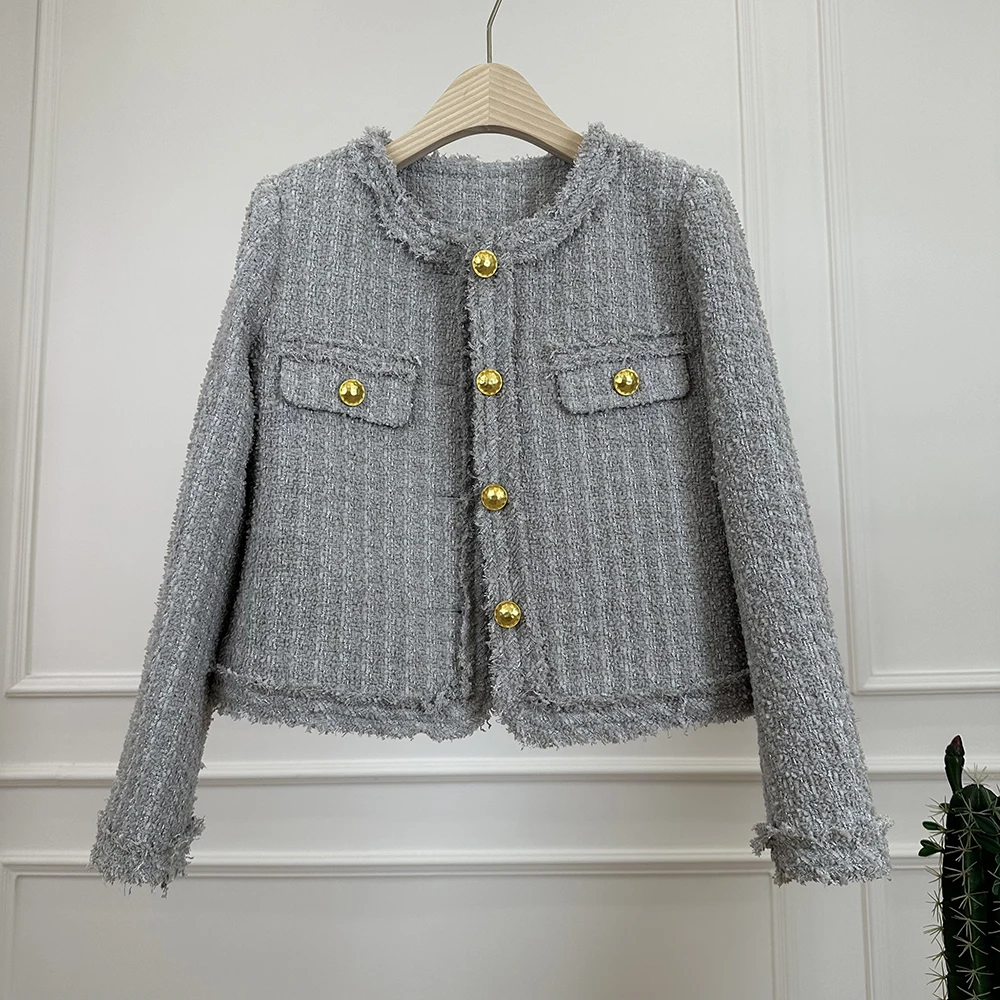 French Designer Autumn Winter Gray Plaid Fringed Tweed Coat New Vintage Women O Neck Golden Buttons Tassel Weave Short Outwear