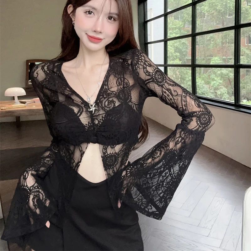 Gidyq Summer Women Sexy Lace Shirts Korean Fashion Hollow Cropped Sun Protection Blouse Casual Streetwear Female Party Tops New