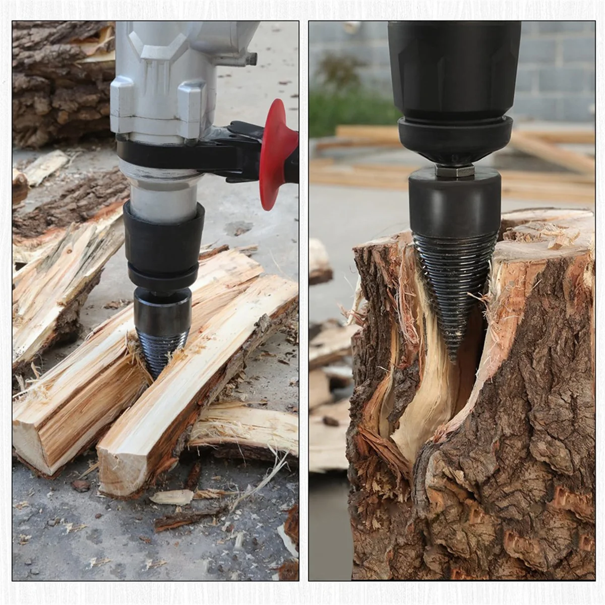 

A56XQ Firewood Log Splitter 42mm+32mm,Wood Splitting Logs Bits Firewood Detachable Drill Bit Black Steel Hex Shank Screw Cone