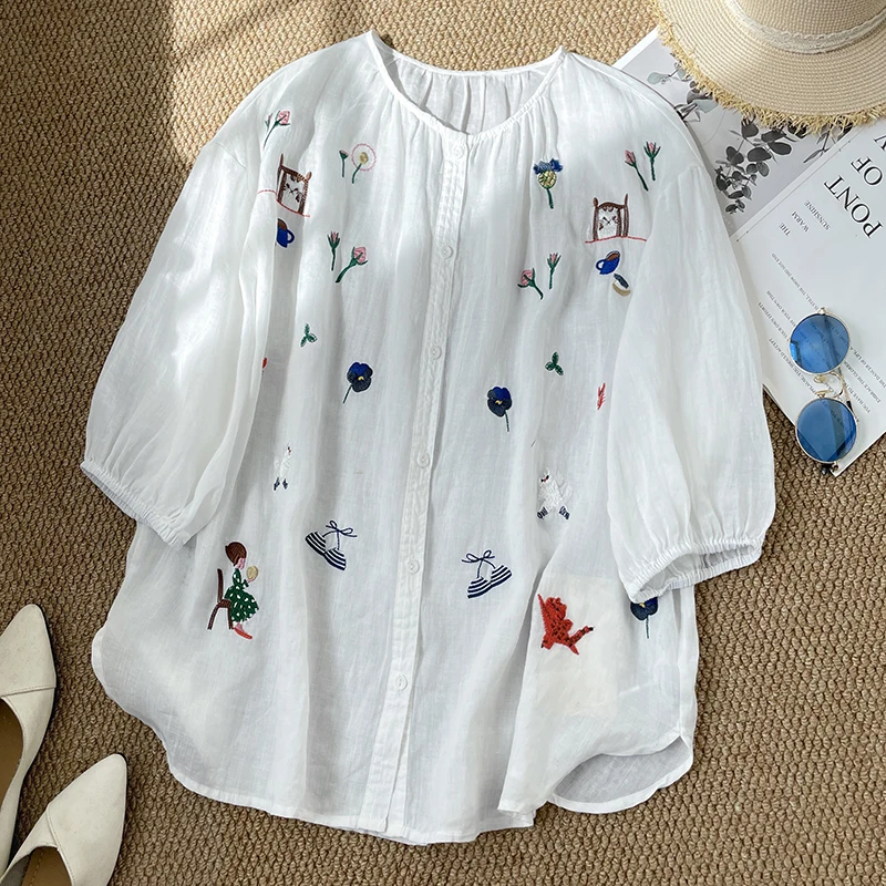 

Chinese Style Women's Clothing Blouses Embroidery Vintage Shirts Loose Summer Clothing Short Sleeved Cotton Linen Women Tops