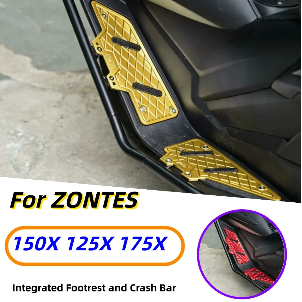 Thickened, non-slip aluminum alloy footboard/crash bar combo with spotlight bracket for ZONTES 150X, 125X, and 175X.