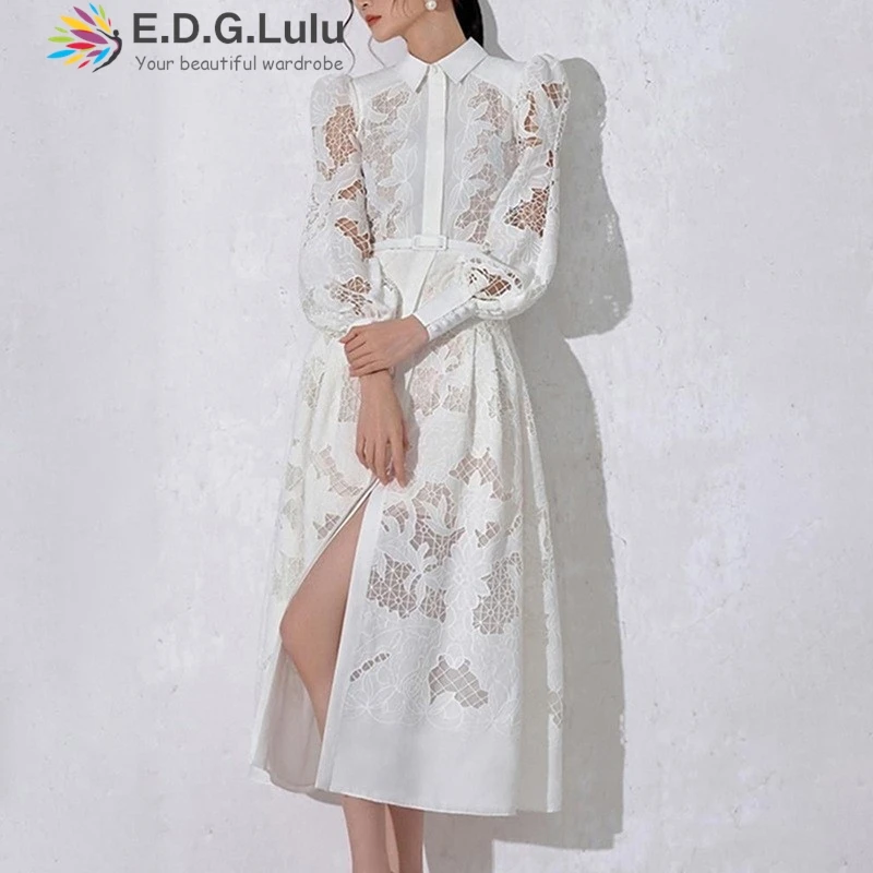 

EDGLuLu Hollow Embroidery Lace Floral White Dresses 2025 Woman Turn-Down Collar Long Sleeves Loose Long Dress +Belt 0525