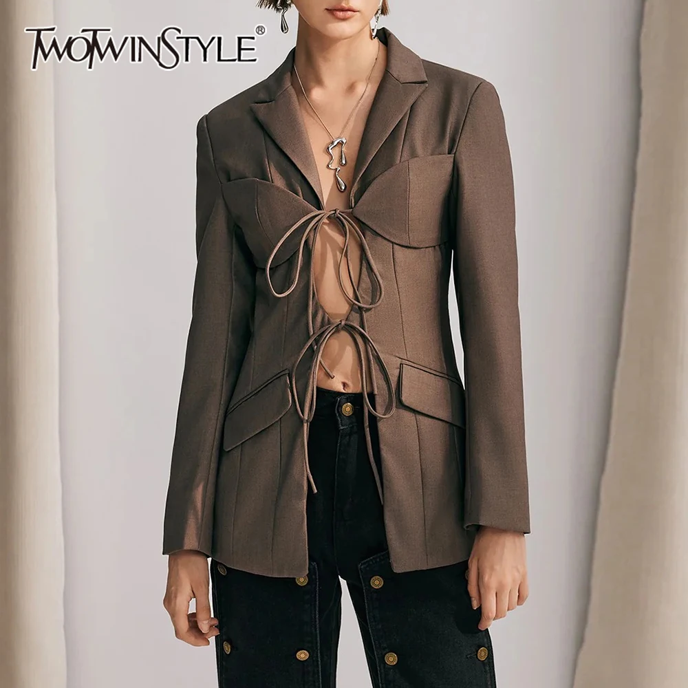TWOTWINSTYLE Solid Hollow Out Spliced Lace Up Blazer For Women Notched Collar Long Sleeve Patchwork Pocket Chic Blazers Female