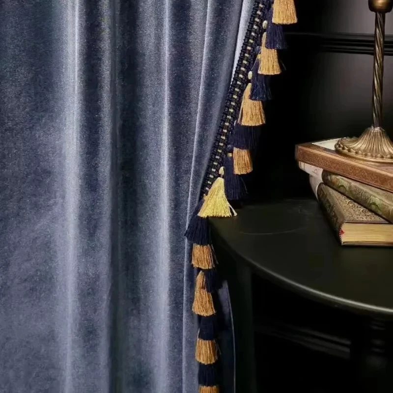 Vintage Velvet Luxury Gray and Blue Blackout Soundproofing Custom Size Fashion Curtains for Living Dining Room Bedroom Luxury