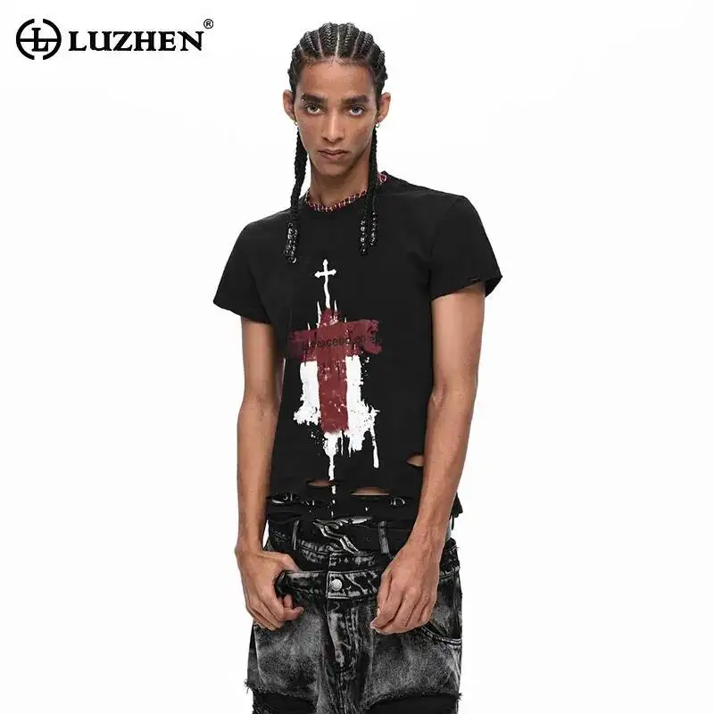 LUZHEN 2026 Summer Patchwork Pattern Broken Hole Design Short Sleeve T-shirts Men's Fashion Handsome Slim Fit Casual Tops JY6528