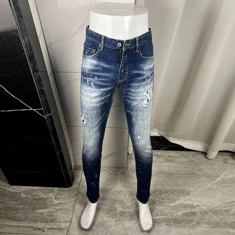 

Fashion Streetwear Men Jeans High Quality Retro Blue Stretch Slim Fit Ripped Jeans Men Vintage Designer Brand Pants Hombre