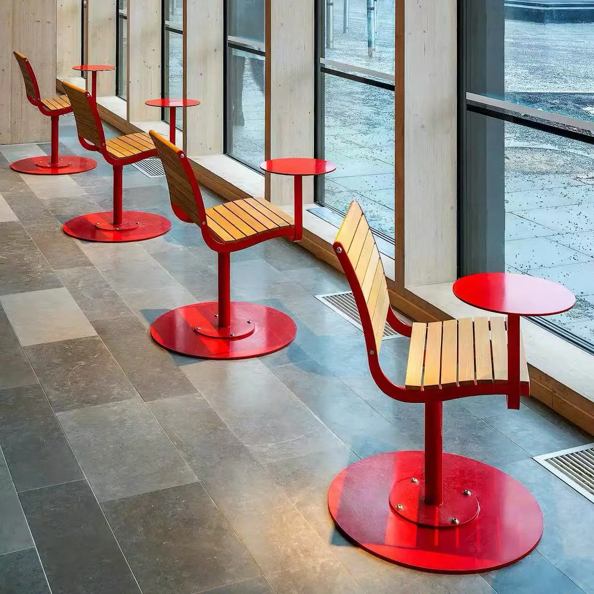 Outdoor wrought iron plastic wood single chair, one-piece small side table leisure chair, library milk tea shop public rest seat