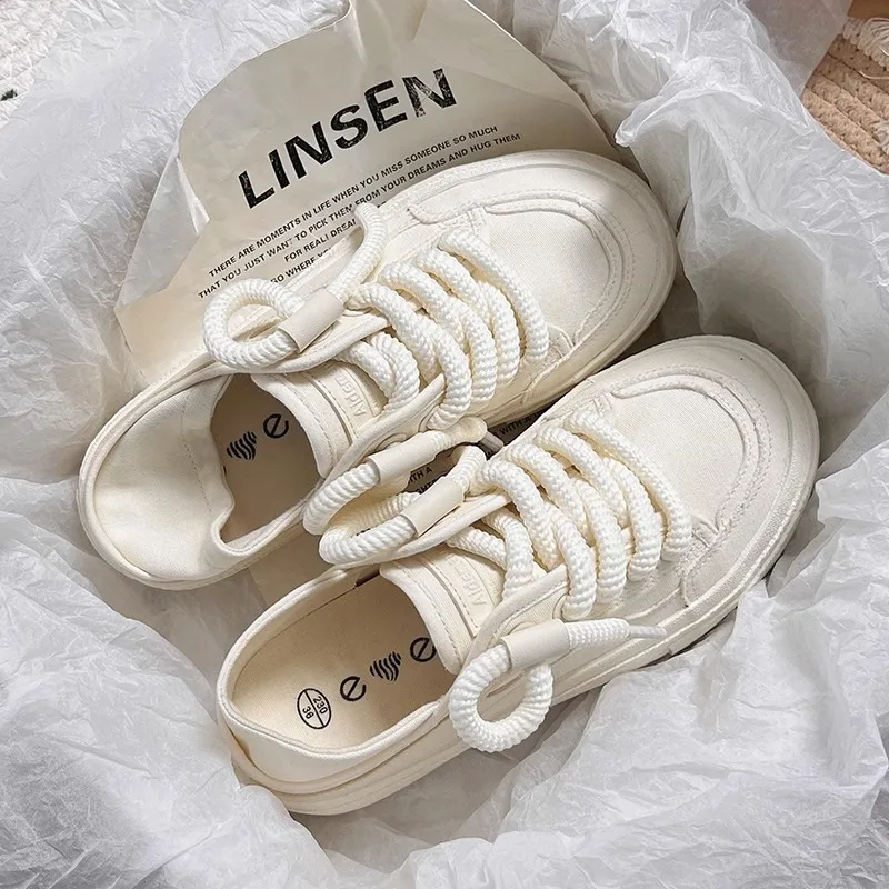 

High Appearance White Shoes For Women, 2024 Autumn New Style Canvas Shoes, Creathable With Skirt, Half Drag, One Foot