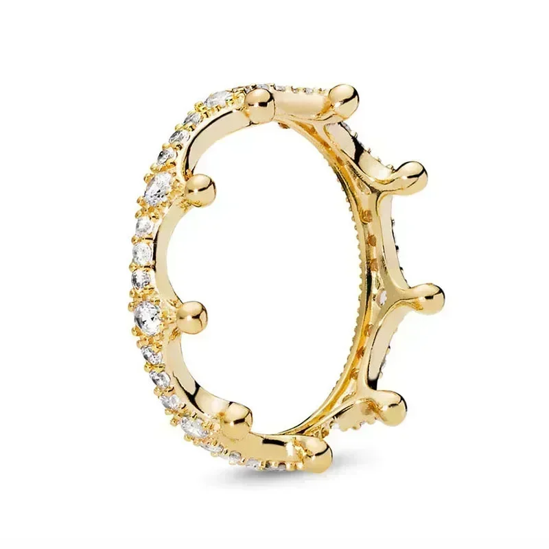 Hotselling 925 sterling zilveren ring uit de exquise gouden serie, sprankelende hartvormige kroonring, modieus charme sieraad cadeau