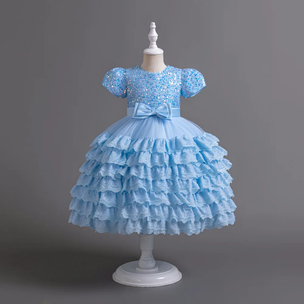 2024 Children Clothing Baby Girl Puffy Big bow Dresses Birthday Elegant Princess Prom Dress for Kids Lace Short sleeve Ball Gown