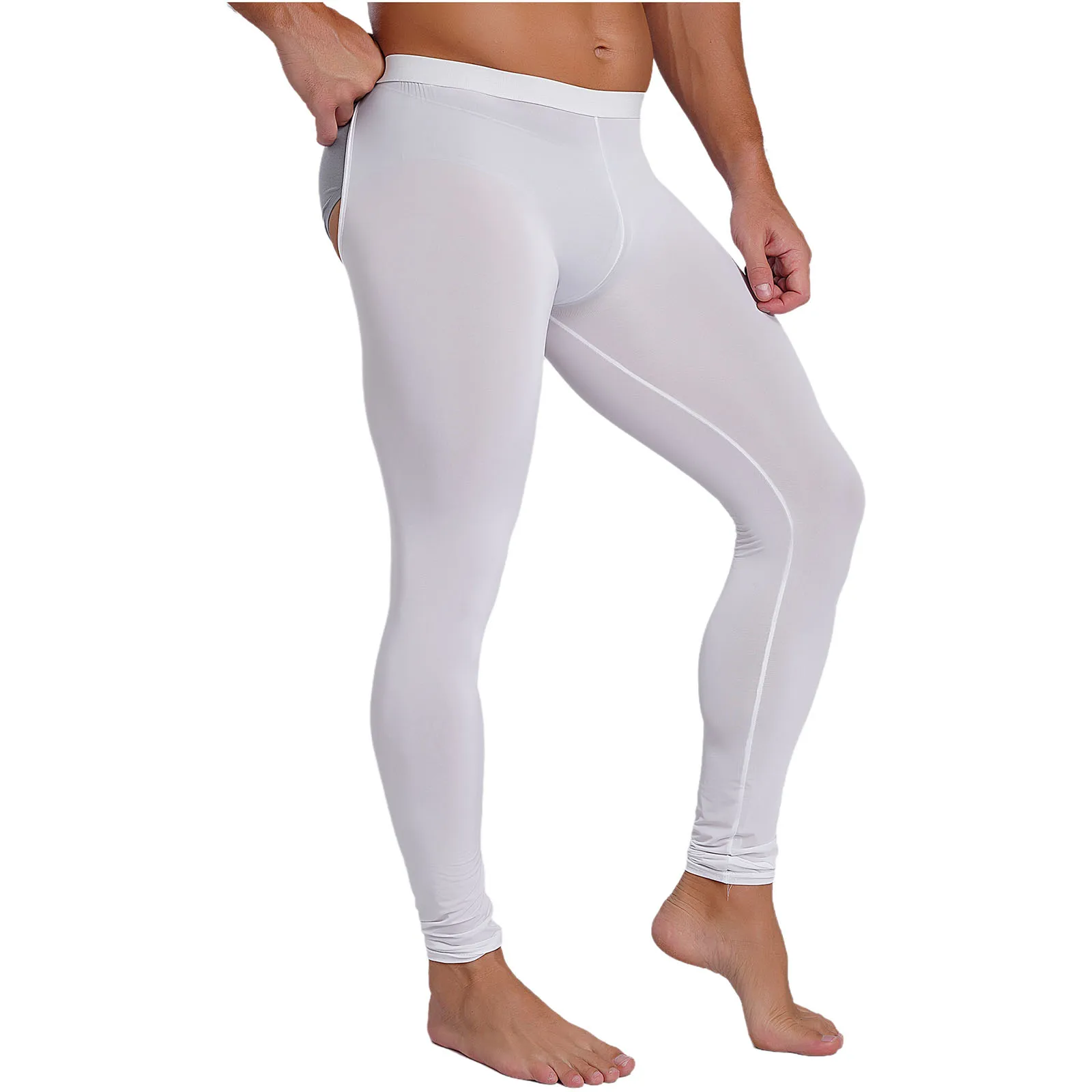 Sissy masculino aberto bunda leggings volta recorte calças cor sólida cintura elástica calças magras lingerie roupa de noite exótica