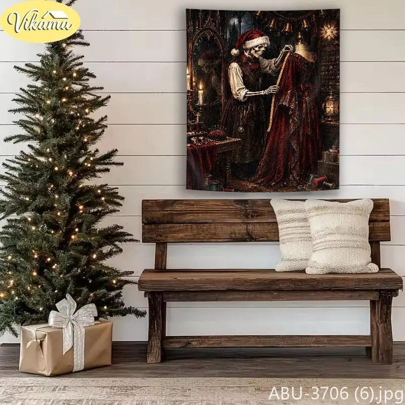 VIKAMA Dark Skeletal Monarch Theater Proscenium Candelabra Wall Tapestry Noir Victorian Royal Stage Festive Room Home Decor Soft