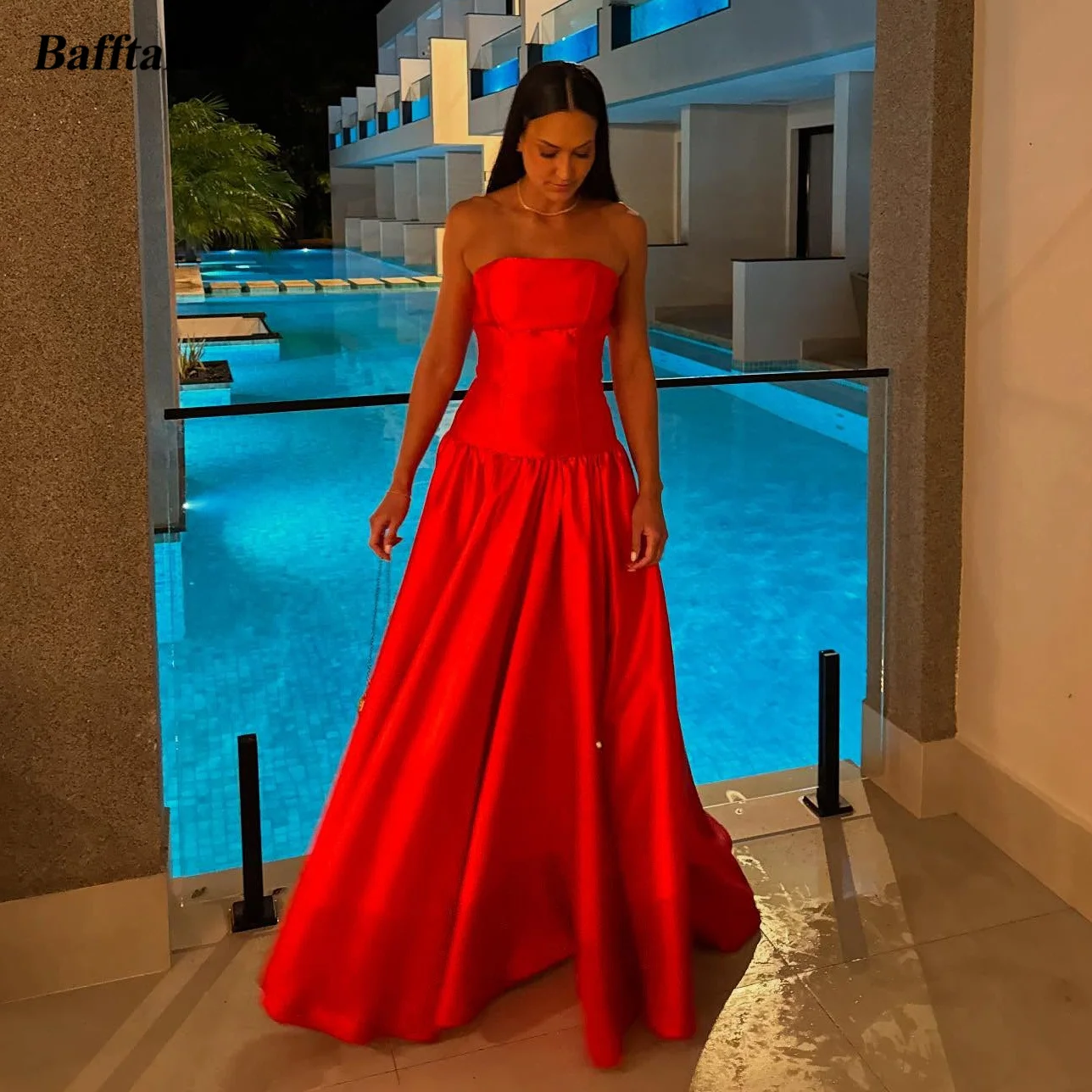 

Bafftafe Red Satin Simple Prom Dresses Customized Low Wasit Strapless Floor Length Formal Party Evening Gowns Women Occasion