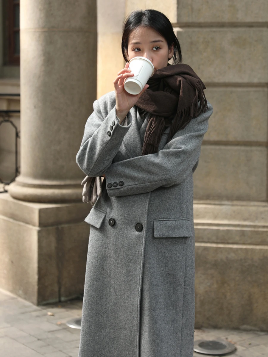 

Retro Double-Breasted Long Sve Woolen Coat Pure Color Long Coat for Women Commute Faion Outerwear Winter New Arrival