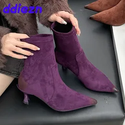 Fioletowe modne szpiczaste Toe damskie botki do kostki buty wsuwane damskie obuwie designerskie elastyczne damskie krótkie buty buty