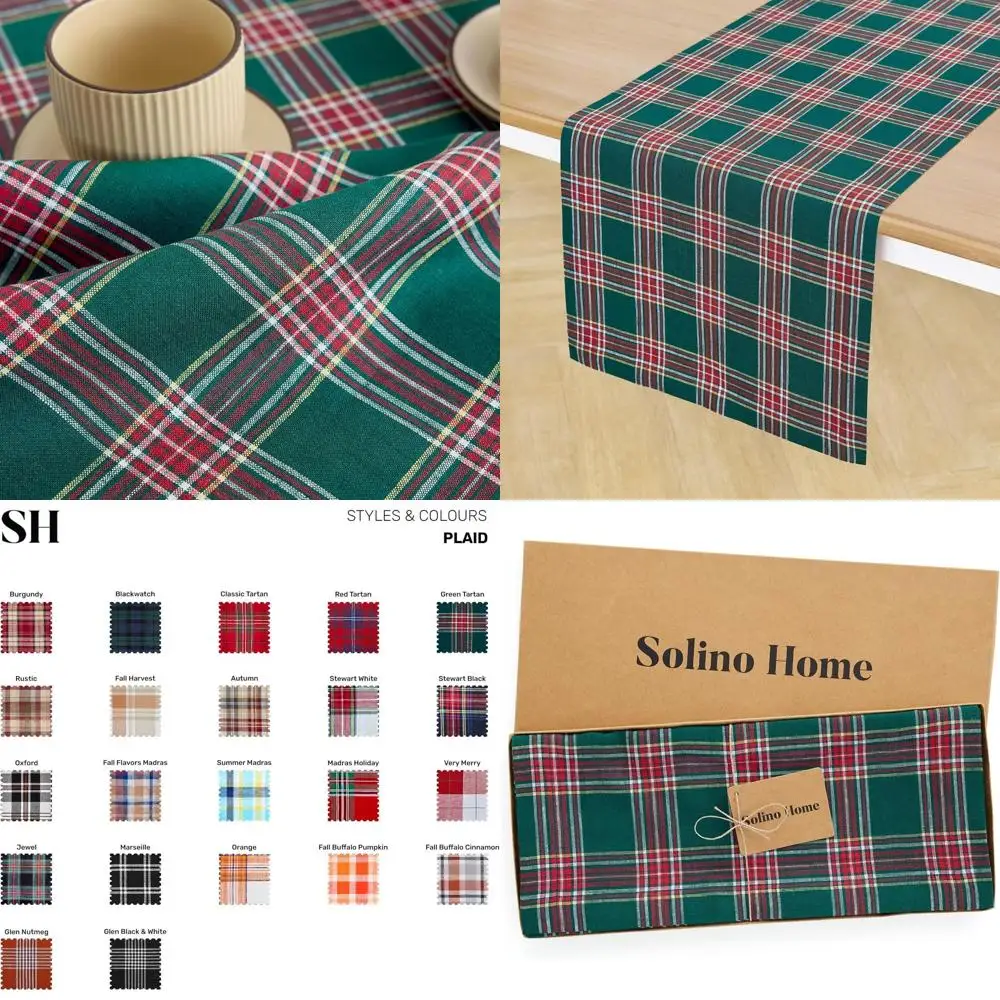 

Green Tartan Plaid Linen Table Runner, 14x120 Inches, Perfect for Christmas Dining