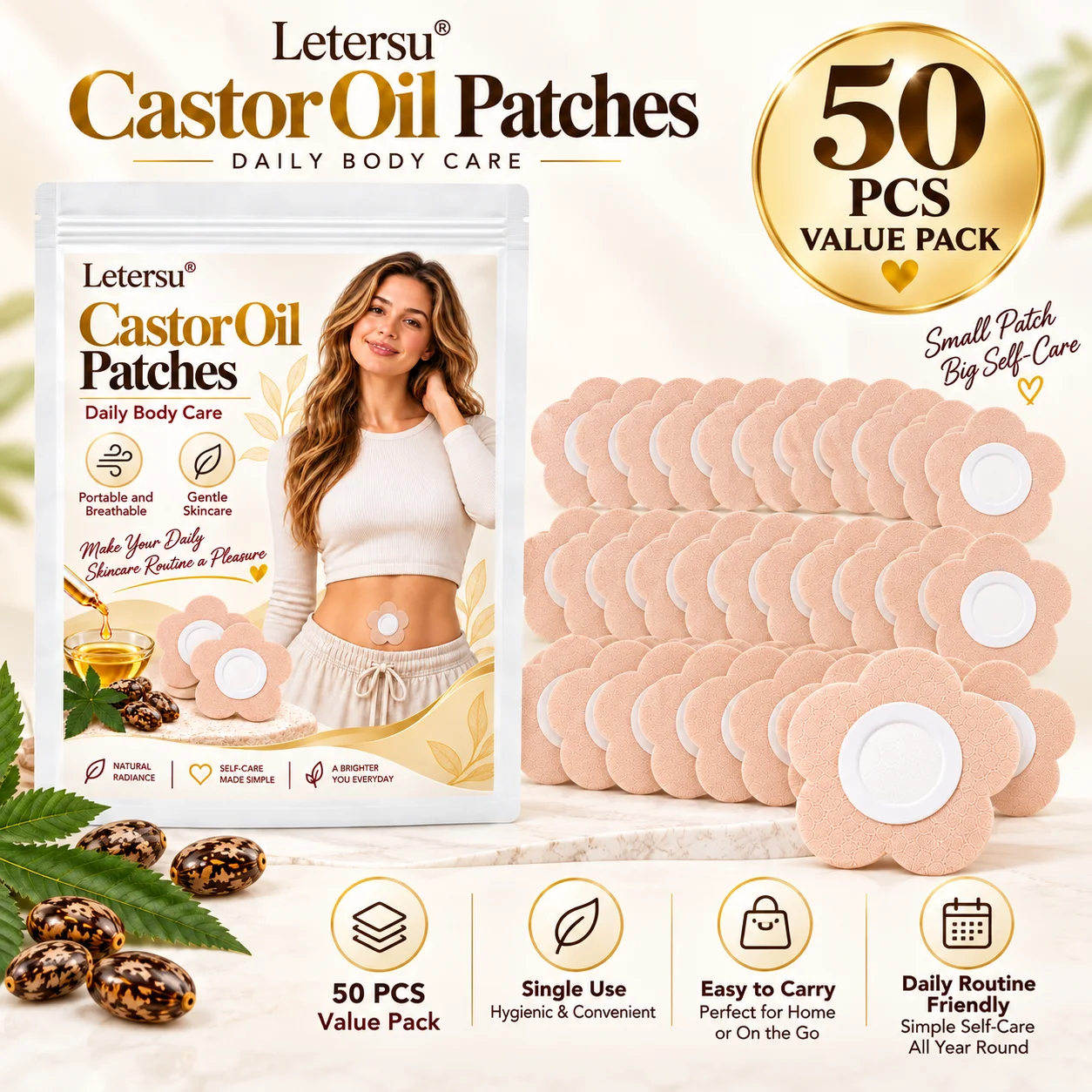 50PCS Castor Oil Body Patches, Flower Shape Belly Care Pads, Portable Breathable Skin Care Stickers for Daily Routine
