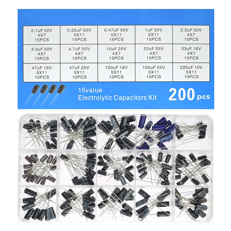 200-teiliges Radialkondensator-Set, 15 Werte, 10 V, 16 V, 25 V, 50 V, 0,1 uF-220 uF, Elektrolytkondensator-Sortiment-Set, 0,22 uf, 2,2 uf, 100 uf, YANXD