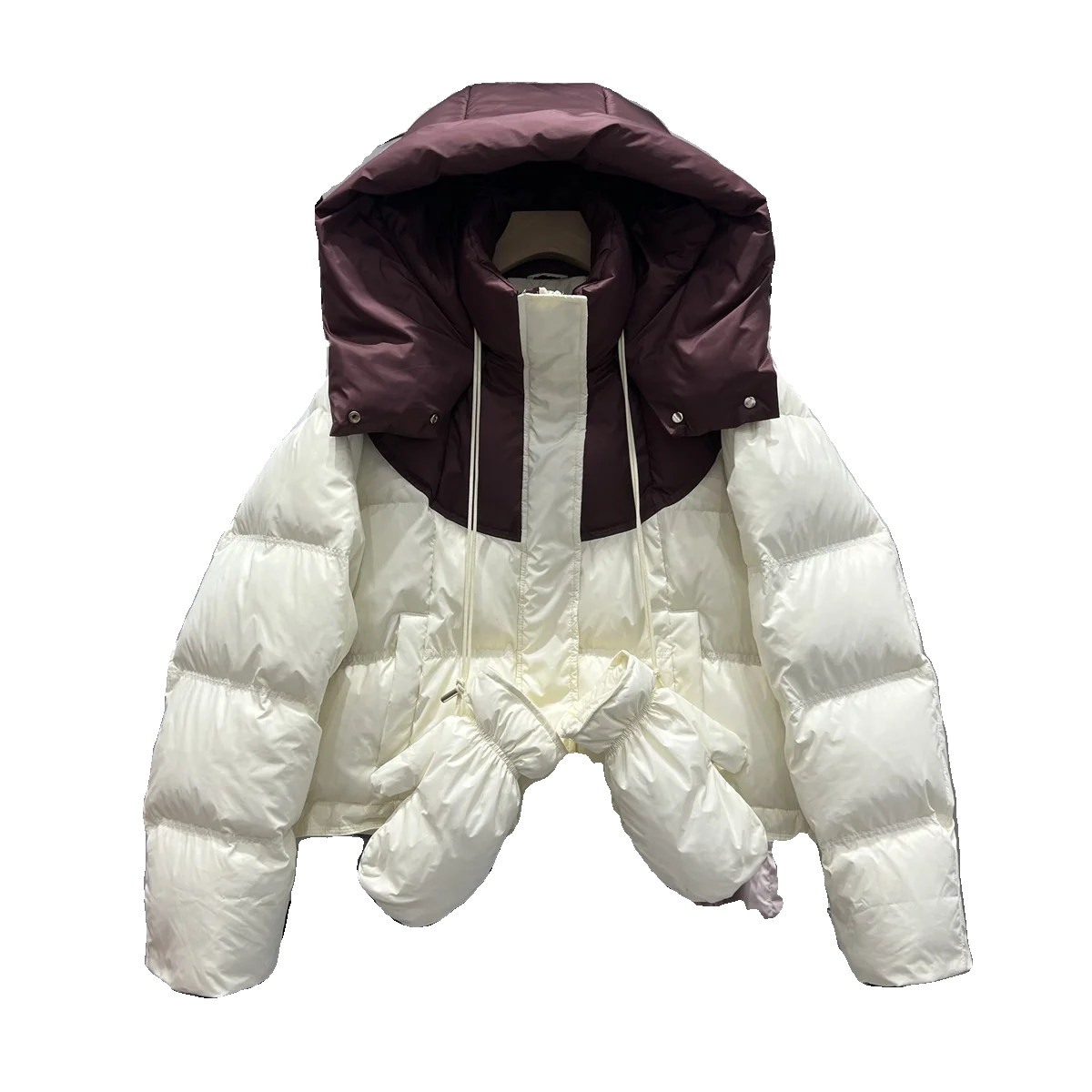 Short Down Jacket Women 2023 Winter New Hooded Thick Loose Stitching Contrast Color Strap Gloves White Duck Down Coat Female