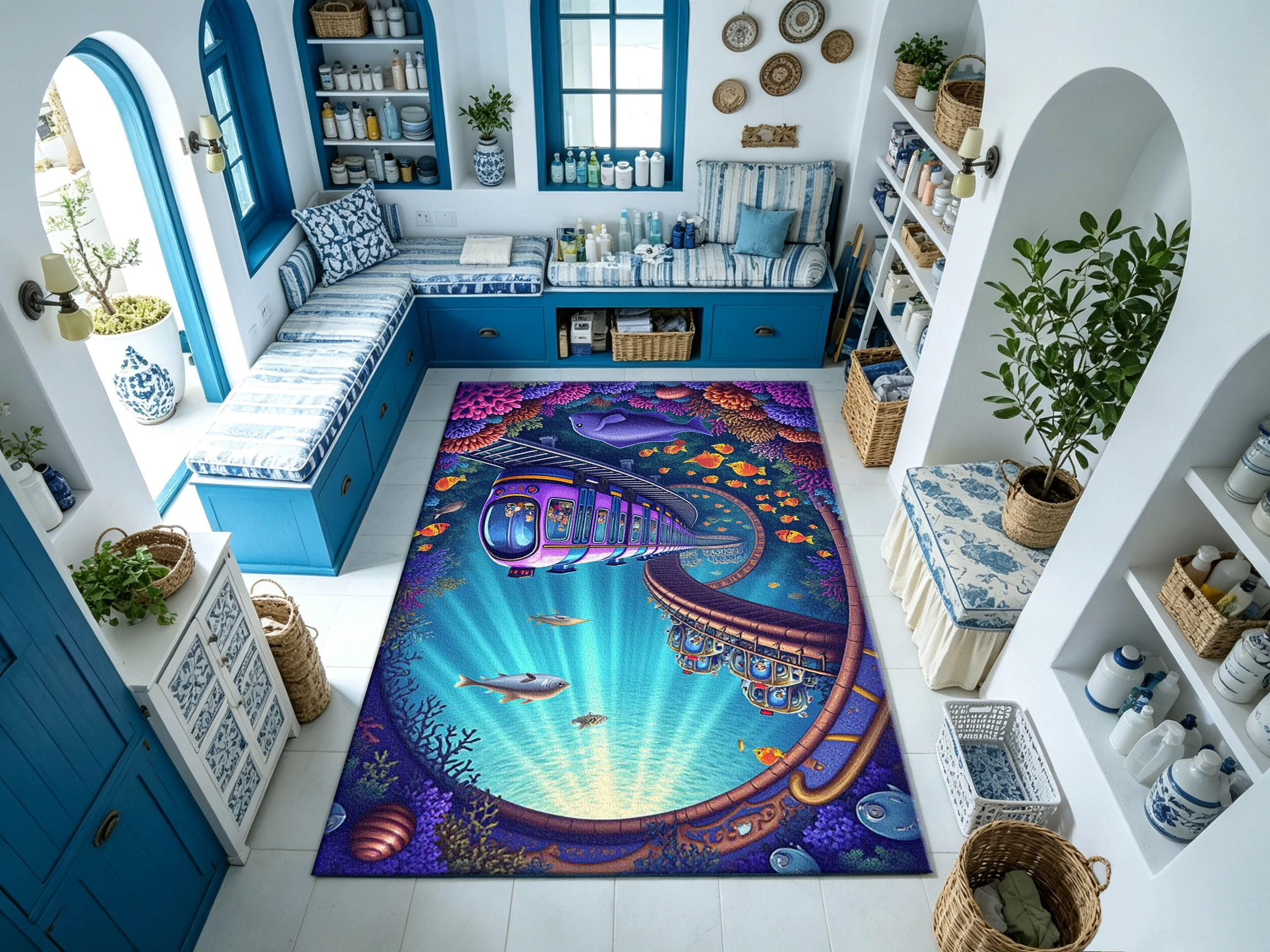 Fantasy Undersea Ocean Train Art Carpet Colorful Ocean World Home Carpet for Living Room Bedroom Home Decoration