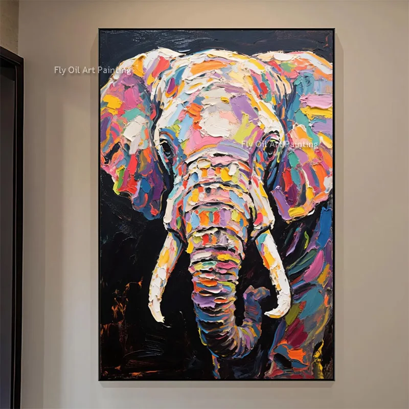 Colorful Elepgant Wall Art Decor For Room New Popular Design Beige Grey Blue Canvas Oil Painting Large Animal Artwork As Gift