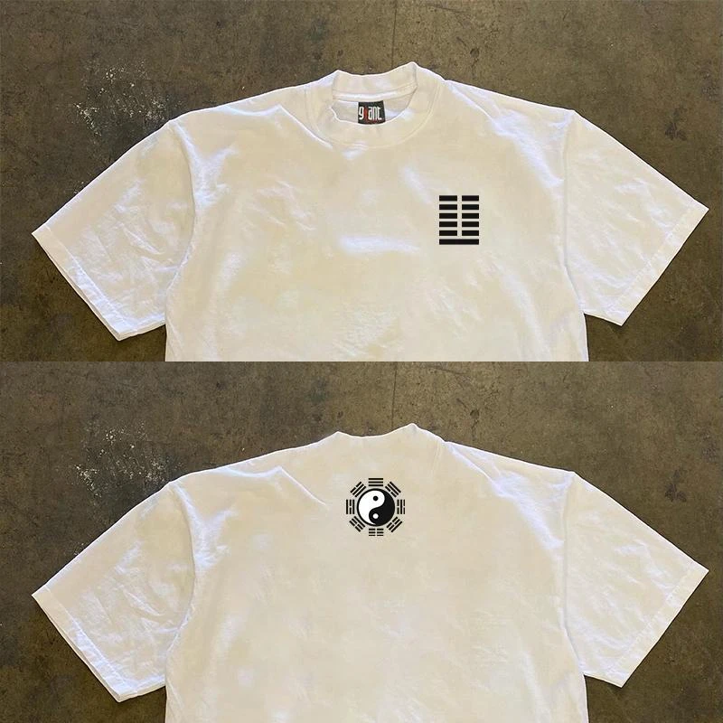 230g Heavyweight 100% Cotton Short Sleeve T Shirt Men Guochao Chinese Style Fu Hexagram Text Print Casual Summer Top Tee