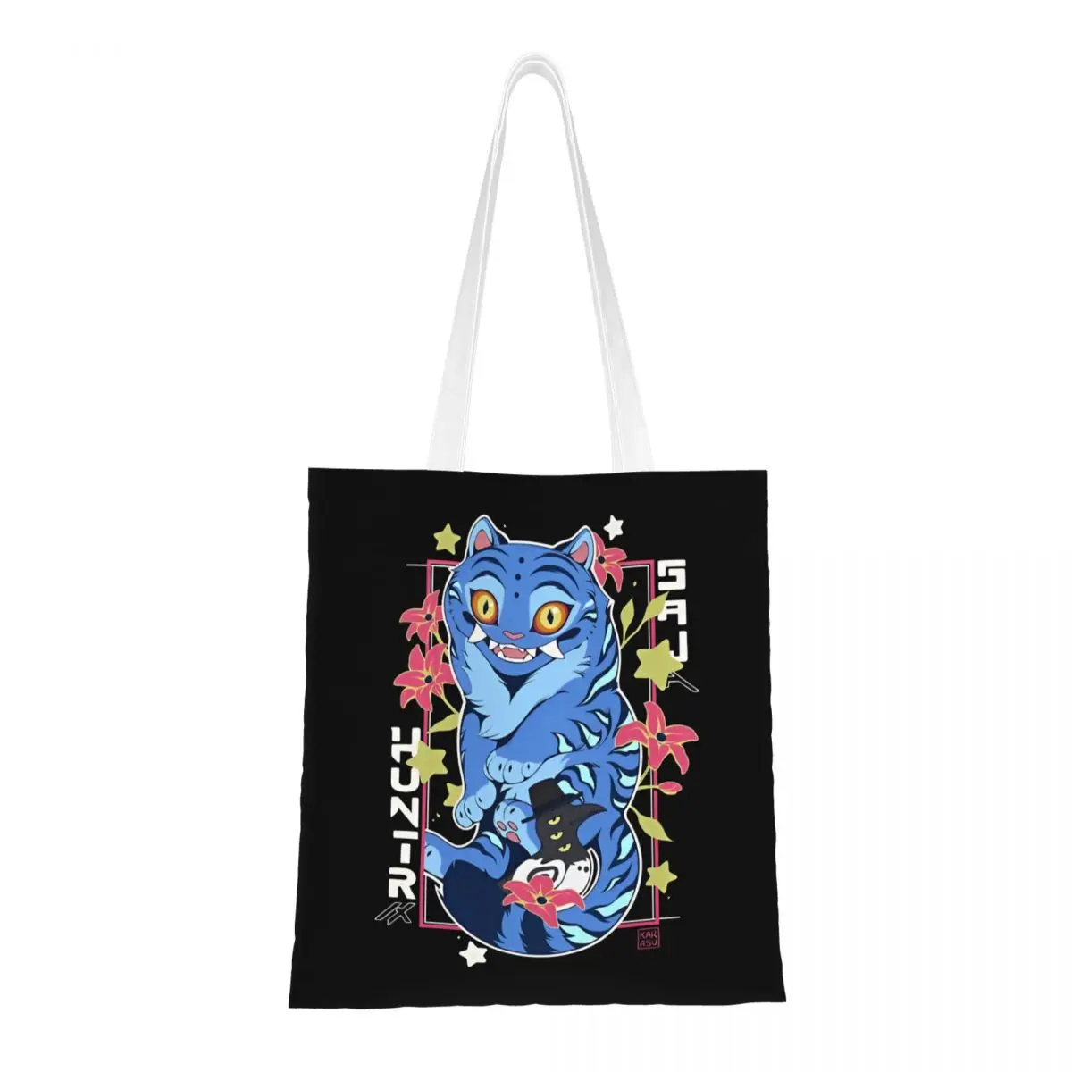 

KPop Demon Hunters Huntrix Canvas Tote Bag Trendy Large Capacity Shopping Bag for Women Blue Tiger Travel Bags