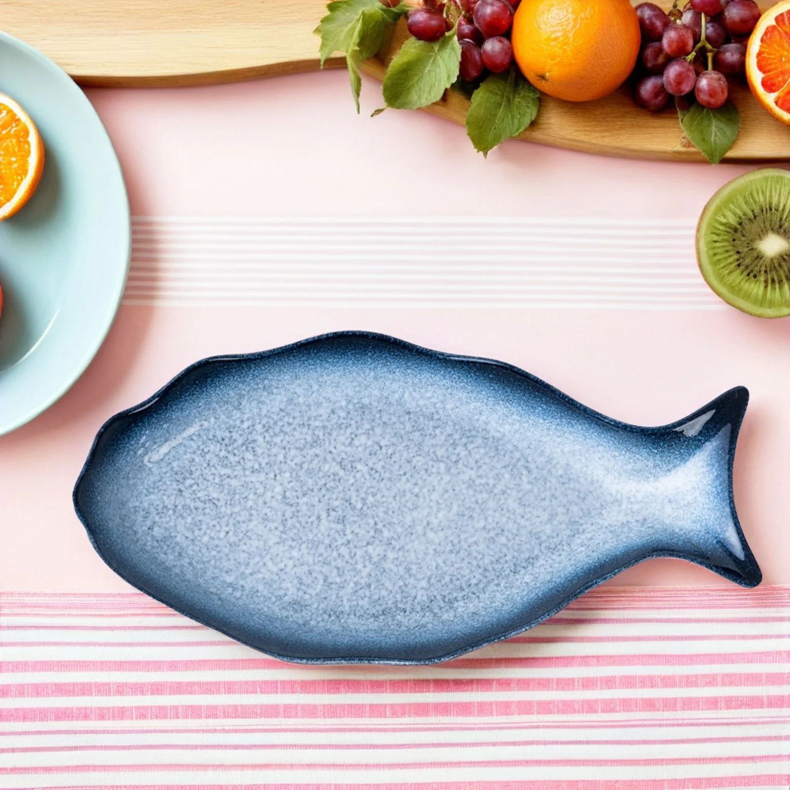 

12 Inch Fish Platters for Serving Food Entertaining Shaped Dish Blue Ceramic Large Plates Dinner Tray Kitchen