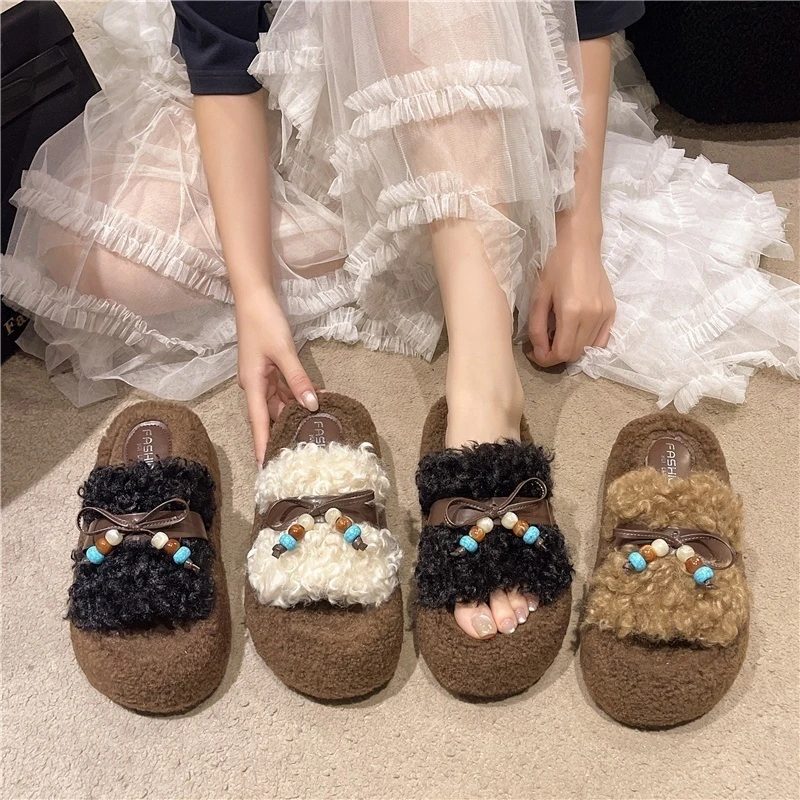 

Thick Bottom Fashionable Fur Slippers Indoor Home Wear Style Rubber Buckle Slippers Women's Cotton Fluffy Slippers