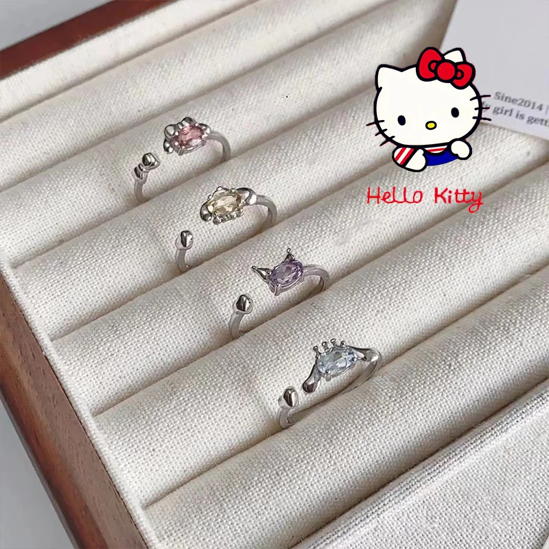 Light Luxury Style Sanrio Kuromi Ring Cute Cartoon Cinnamoroll Melody Adjustable Simple Elegant Crystal Ring Jewelry Accessories