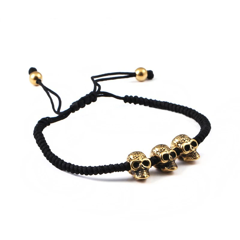 Handmade Weave Retro Punk Style Charm Bracelet gold skull bracelet Black rope northskull bracelet for men