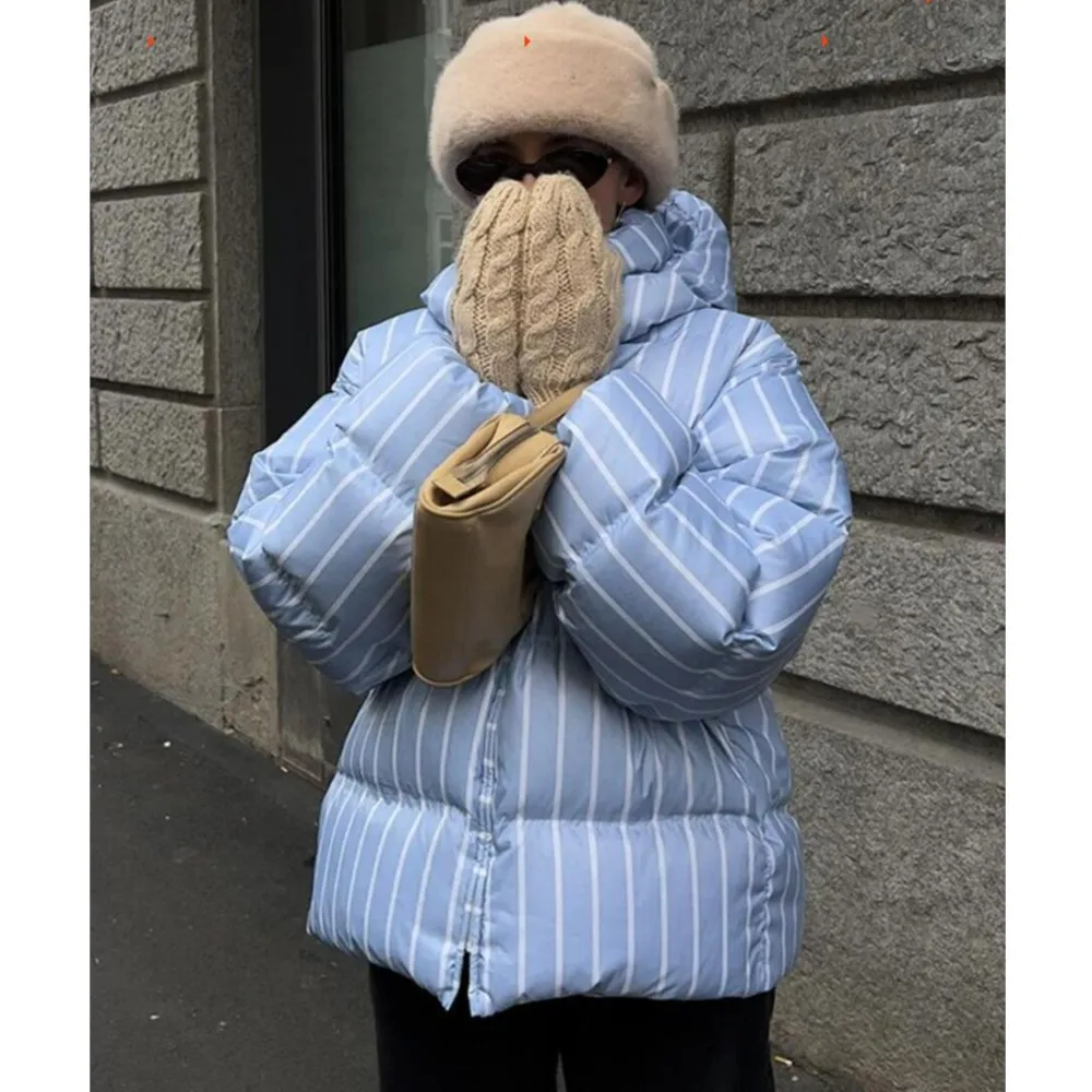 New Winter Women Stand Collar Contrast Color Stripes Parka Coat Removable Hooded Zip up Full Sleeve Bread Outerwear CHIC Blue