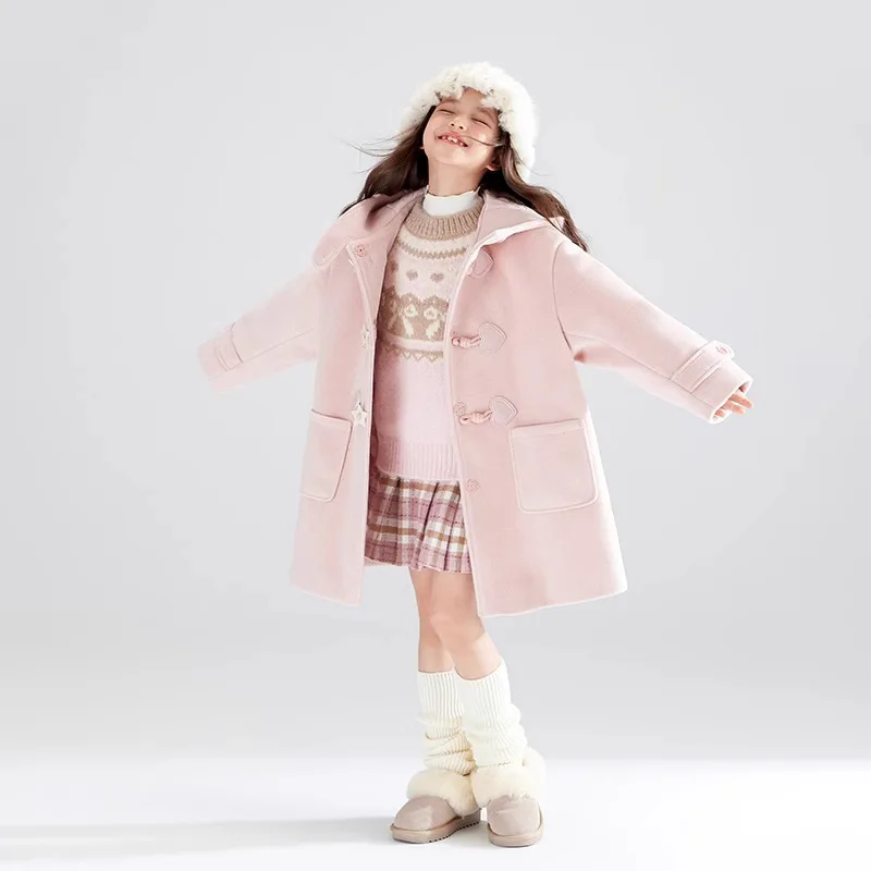 2026 New Fashion Kids Girl Trench Coat Star Button Warm 4-12Years Girl Mid-length Coat Winter Junior Girls Hooded Pink Outerwear