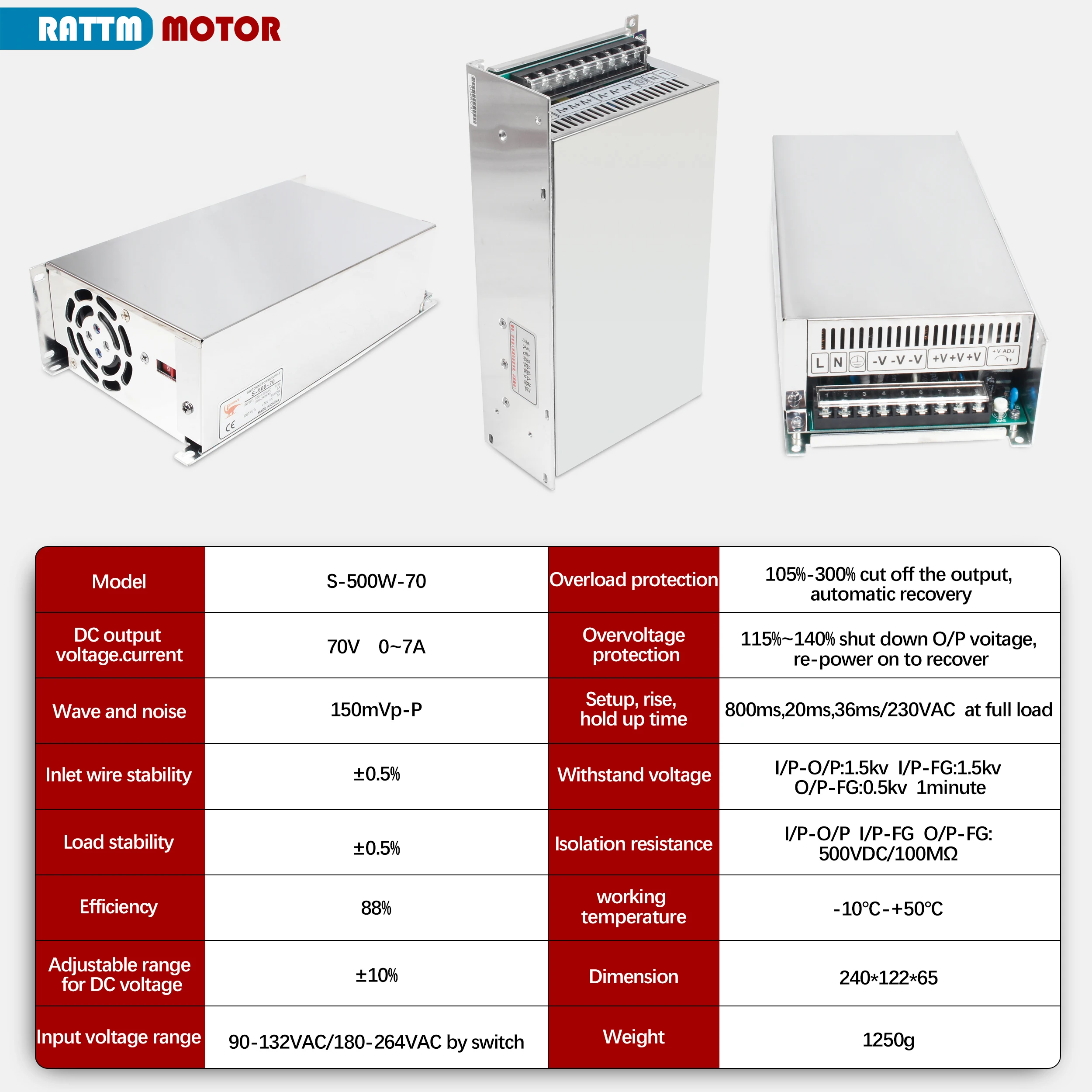 500W DC 스위칭 전원 공급 장치 60V 70V 단일 출력 AC-DC 변환기 CNC 액세서리 부품