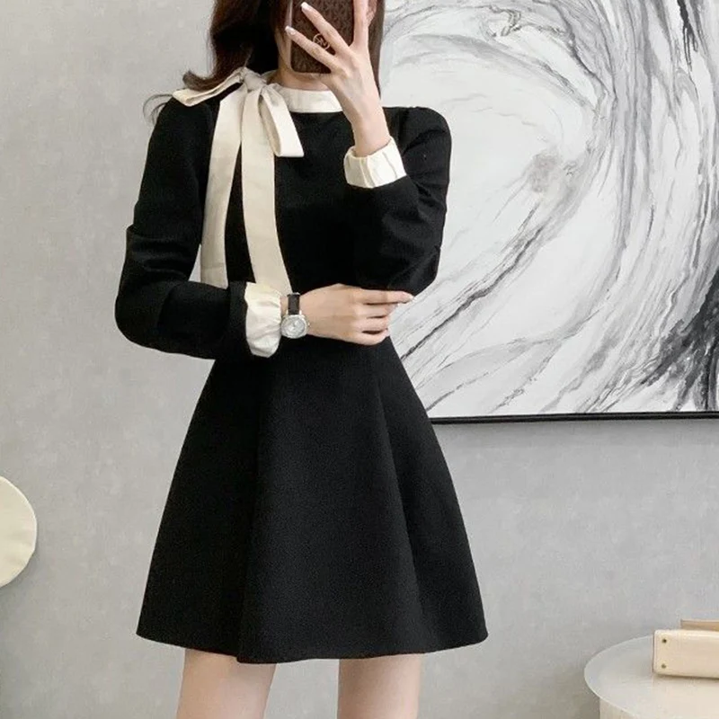 2024 Hot Sale Women Chic Elegant Formal Occasion Mid-Length Dress Autumn Lady Korean Style Designer Bowknots Long Sleeves Dress