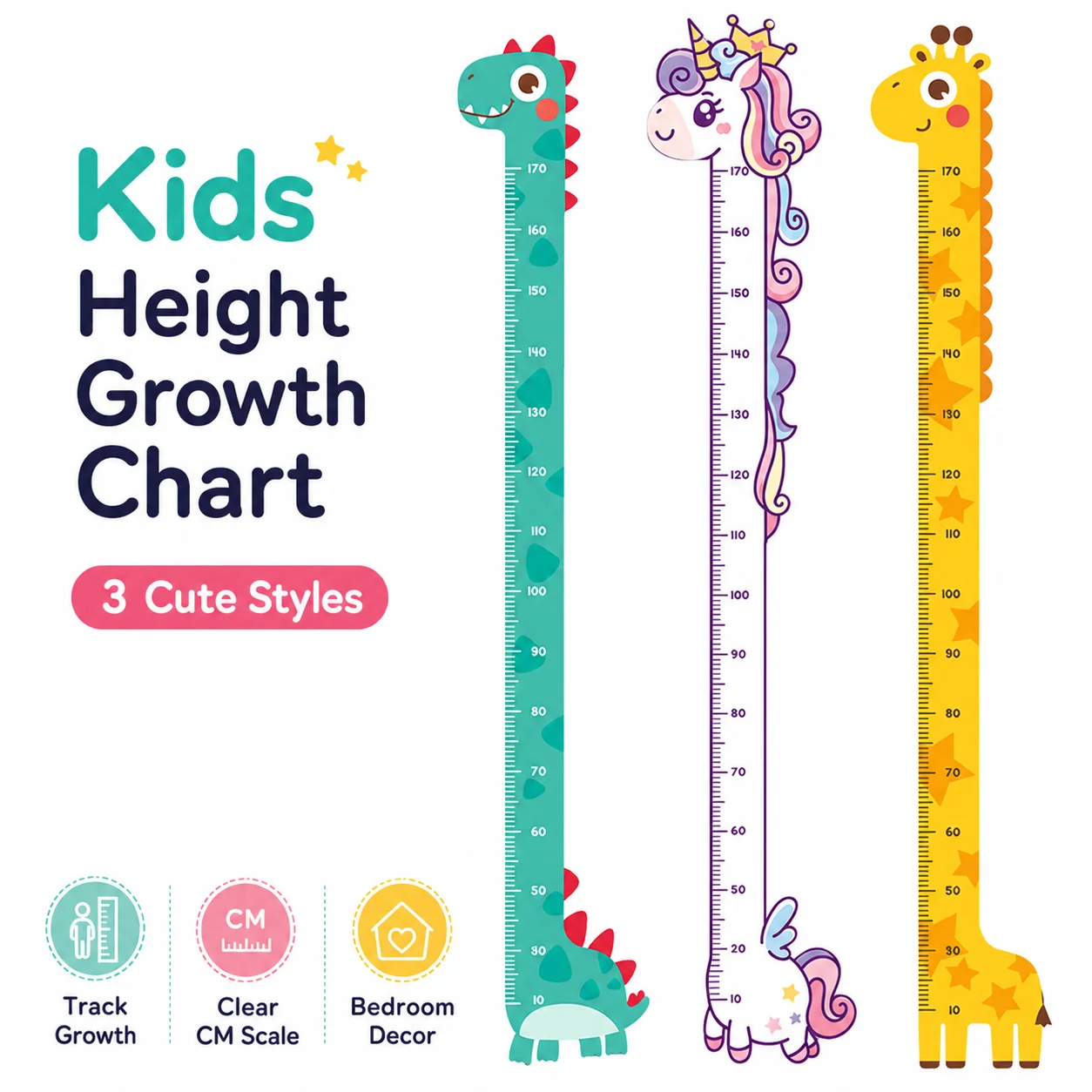 Cute Cartoon Kids Height Growth Chart, Premium Wall Measuring Ruler Sticker, Precise Child Bedroom Playroom Decor