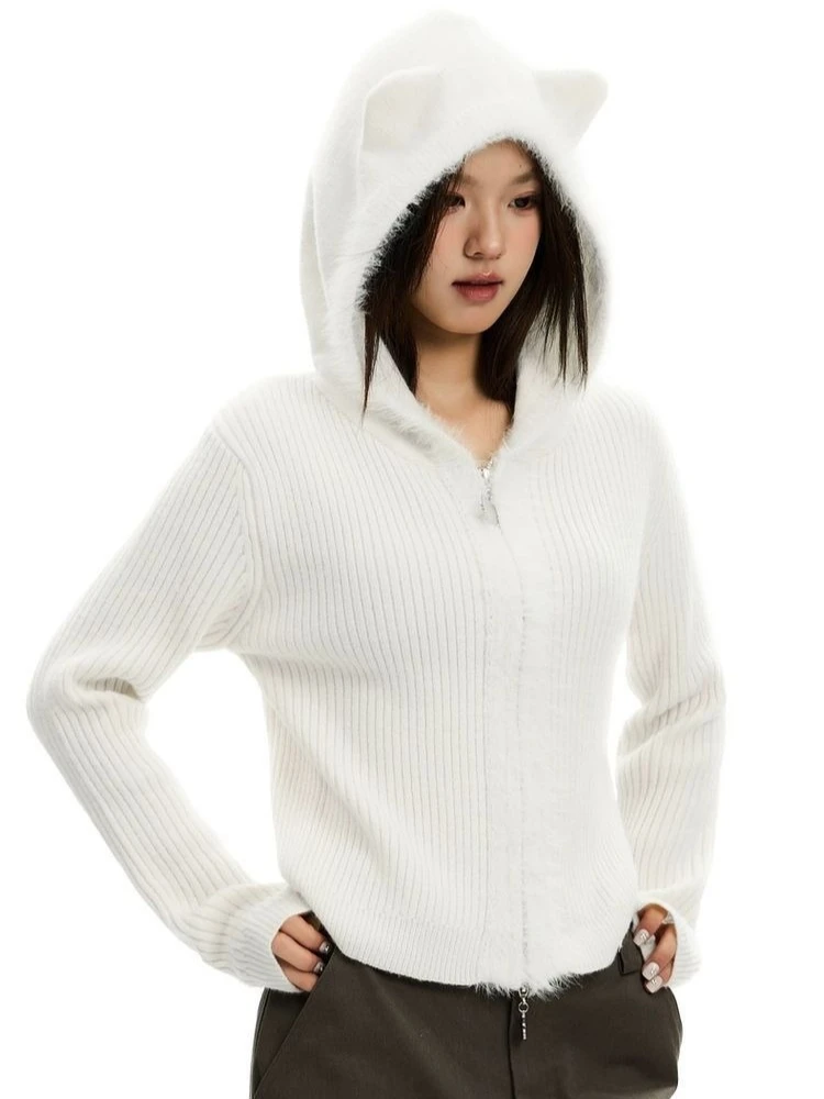 เสื้อคลุมคาร์ดิแกนมีฮู้ดทรงสลิมฟิตสไตล์วินเทจกรันจ์ ปี 2025 แต่งขนเฟอร์เทียมแบบต่อผ้า สไตล์ Y2K สำหรับฤดูใบไม้ร่วง มีซิป ​ เสื้อสเวตเตอร์ฮาราจูกุ