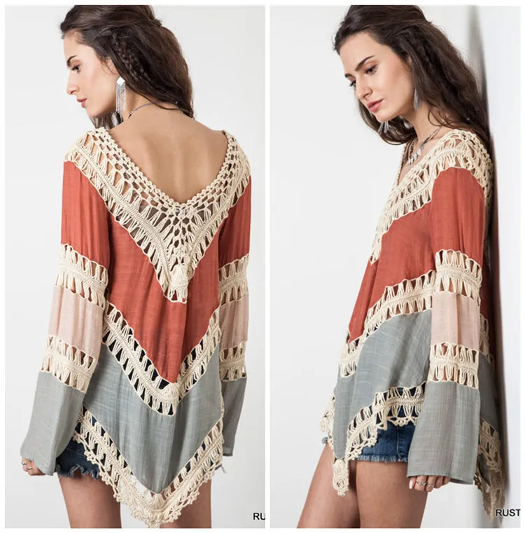 

Bohemian Intermediate Color Loose Beach Cover Up Long Sleeved Hollowed Out Hand Crochet Knit Shirt Sun Protection Suit