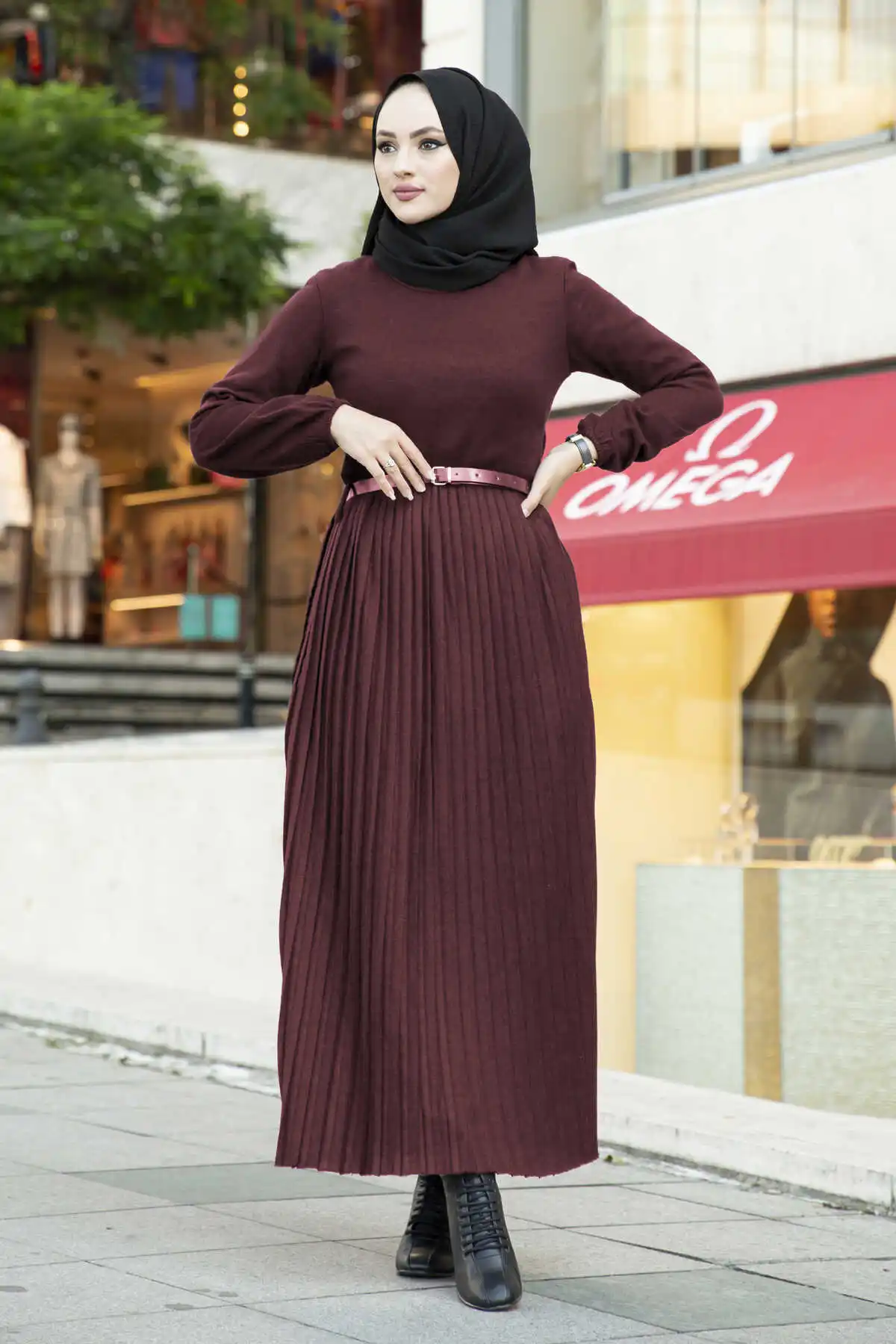 ; Pleats Knitwear Hijab Dress Burgundy Winter Autumn 2021 Muslim Women Hijab headscarf Islamic Turkey