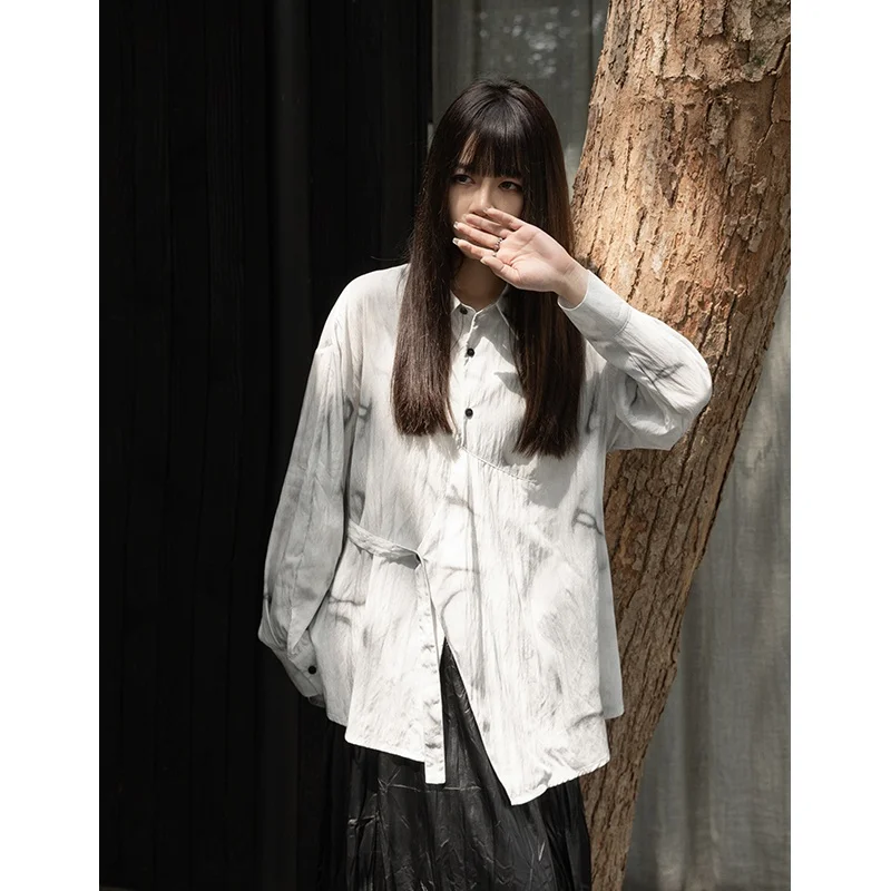 

Loose Women's Tie-Dye Shirt Spring New Style Korean Version Commute Style Long Sleeve Collar Button Closure Upperwear