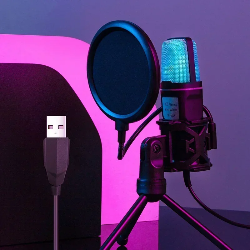 Micrófono USB profesional con iluminación RGB, soporte estabilizador de trípode para Podcasting, transmisión en vivo, juegos, Kit de micrófono estéreo para el hogar